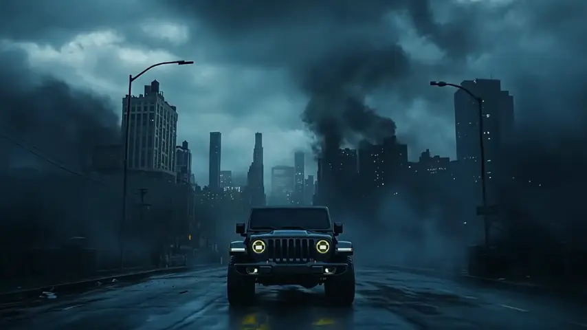 Headlights in a ruined city